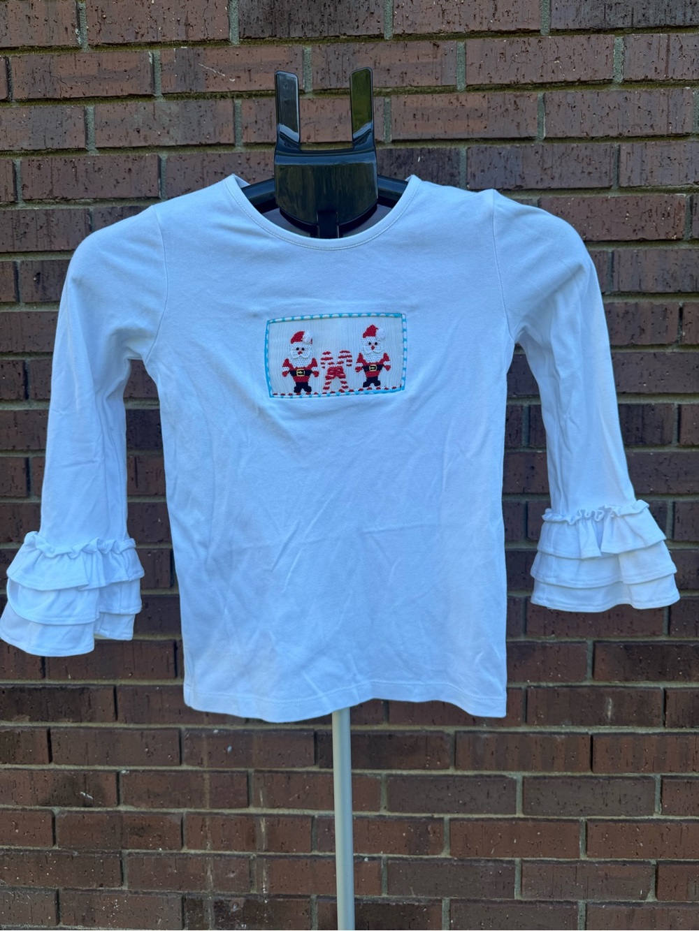 True White Smocked Christmas Santa Claus Ruffle Long Sleeve Shirt Top Girls 6X